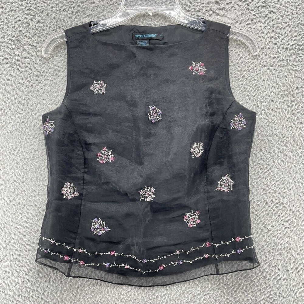 Vintage 90s Y2K BCBG Top S Black Embroidered Flowers Goth Grunge Sheer Square